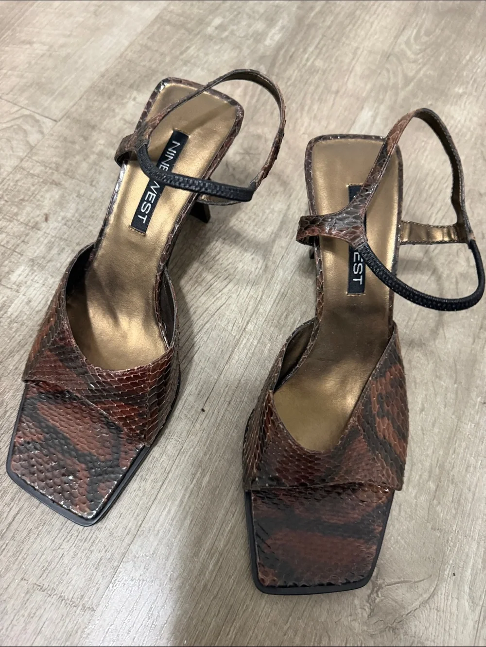 Nine West Brown Snakeskin-Effect Square-Toe Slingback Heels